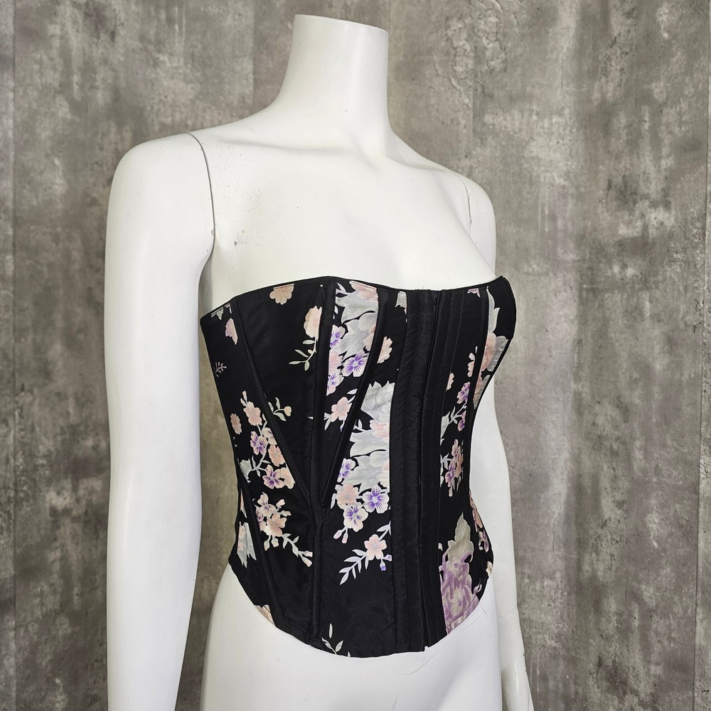 Vintage Y2K Jacalyn Bennett Silk Corset Top Satin FLORAL Bustier Bodice XS 32-36
